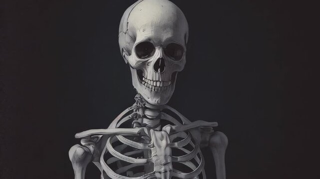 A human skeleton featuring a detailed skull is displayed against an isolated background, emphasizing anatomical structure, bone composition, and the stark, scientific essence of the human form.
