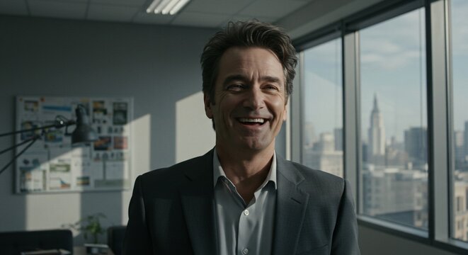 Confident businessman smiling broadly in a modern office with a city skyline view