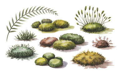 Natural Moss Set in Soft Watercolor Illustration