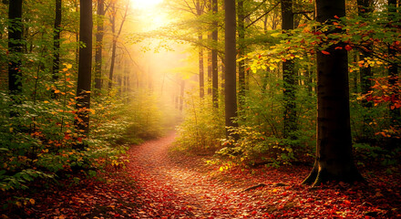 Fototapeta premium Enchanting Forest Path: A Scenic Autumn Walk Through Woods With Sunlight Filtering Through Colorful Leaves and a Ground Covered in Fallen Foliage.