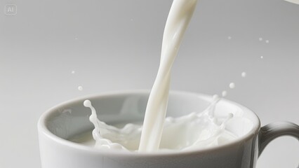 A smooth stream of milk is being poured into a white cup, causing splashes around the rim. The neutral background enhances the cleanliness of the moment, focusing on the creaminess