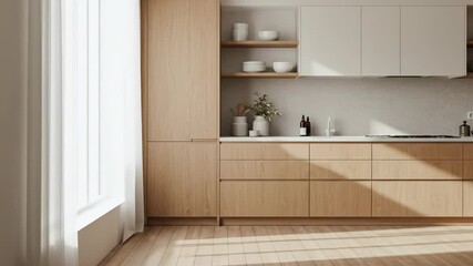 A bright modern kitchen interior showcasing warm natural wood cabinets, a pristine white countertop, minimalist design, and elegant open shelving under a window filled with daylight. - Powered by Adobe