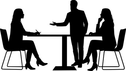 vector silhouette of a man and a woman at a table negotiating on a white background