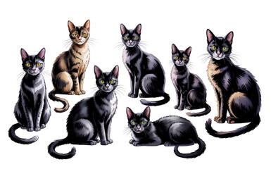 Watercolor Black Cats in Various Poses
