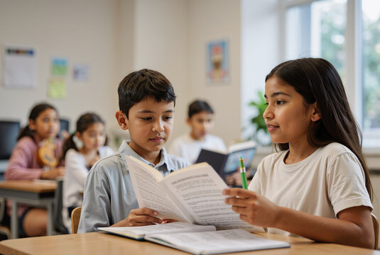 Diverse classroom with attentive students reading and discussing a book, fostering teamwork and learning in a bright educational setting