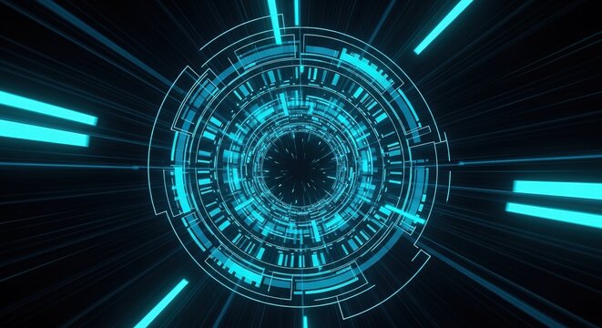 Abstract futuristic neon blue circular hud interface with streaking light effects