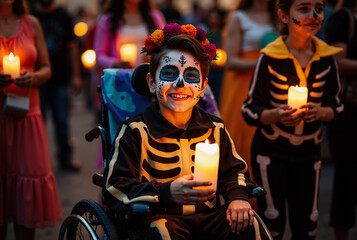 Fototapeta premium Young boy wearing skeleton costume and face paint holding candle during a festive celebration, surrounded by people in colorful costumes at night
