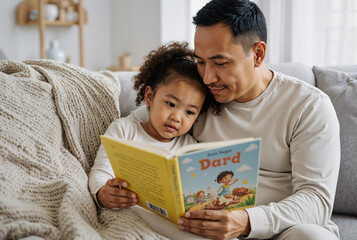 Father and daughter reading a colorful children's book together on a cozy couch in a warmly lit modern living room, sharing a bonding moment