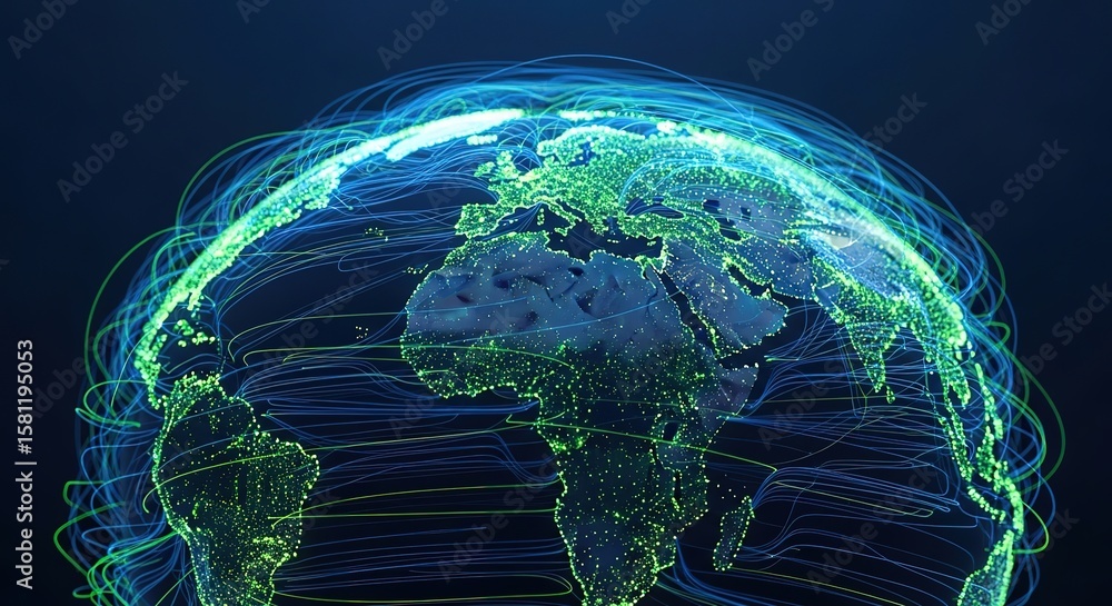 Poster global data streams connecting continents with vibrant light trails on a dark background