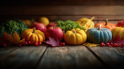 autumn, thanksgiving card, pumpkins, leaves, festive greeting, cozy fall, holiday season, acorns, pine cones, dark wood, rustic message, thanksgiving decor, seasonal still life, autumn celebration, fa