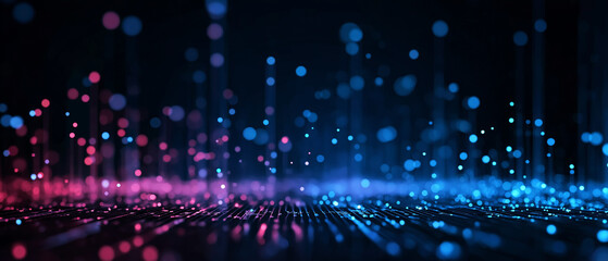 Obraz premium Abstract digital background with blue and purple lights in the dark space. Digital data flow, big data technology concept.