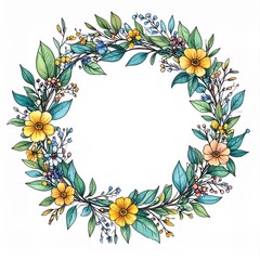 Naklejka premium Floral Wreath with Yellow Flowers and Green Leaves Watercolor Illustration