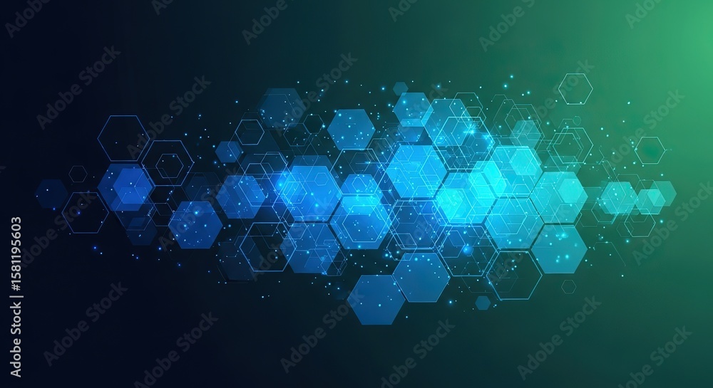 Poster abstract digital network of glowing blue and green hexagons with interconnected lines and sparkling 