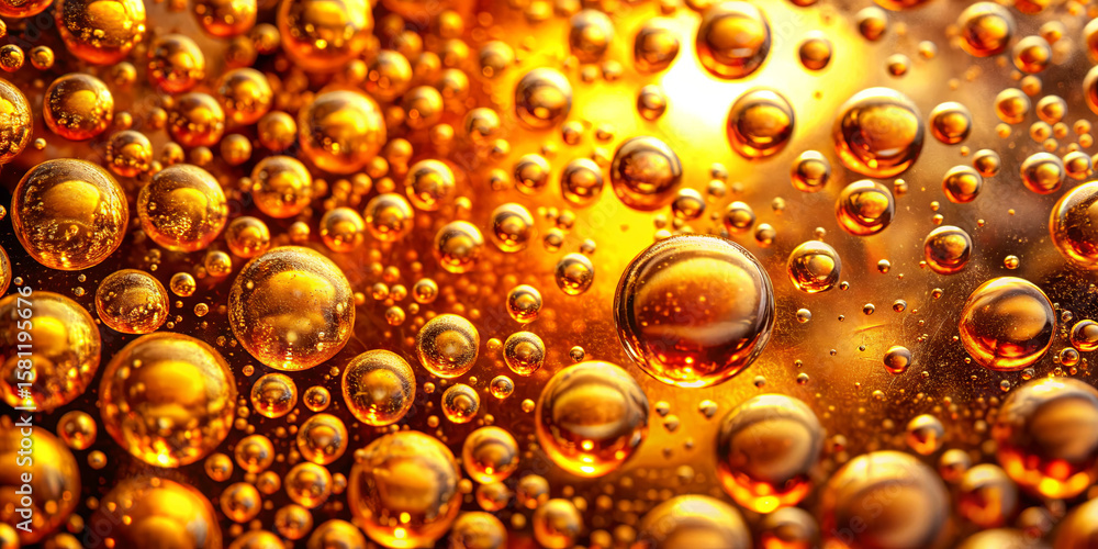 Poster close-up of numerous bubbles suspended in a golden liquid, reflecting light and creating a warm, inv