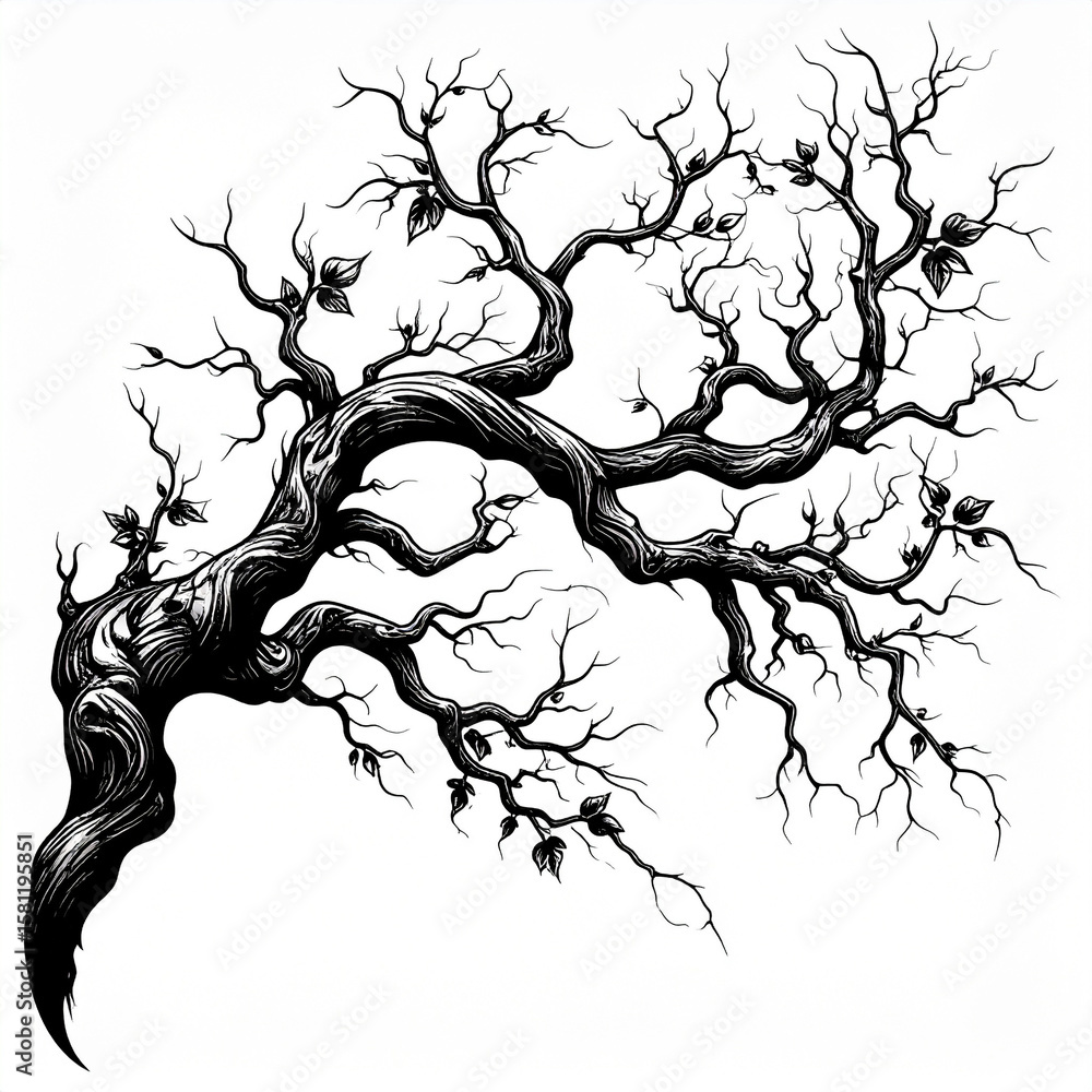 Poster monochrome drawing of a bare tree with twisted branches on white background