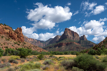 Fototapeta premium Zion Canyon Majesty: Towering sandstone cliffs, sculpted by time, rise majestically against a vibrant blue sky dotted with fluffy white clouds. Lush greenery hugs the canyon floor.