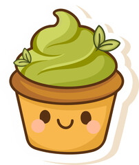A cute cupcake topped with fluffy green matcha frosting, perfect for dessert-themed illustrations, kawaii food sets, and bakery clipart. Ideal for cafe menus, sticker packs, or sweet recipe designs.