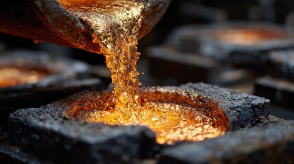Hot, molten metal flows from a crucible into circular molds at a foundry during early morning. The scene captures a process of metal casting, showcasing craftsmanship and warmth.