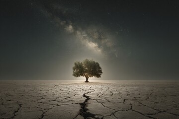 Enduring hope: a tree in a barren, starry landscape. Global belief. Understanding true faith beyond biblical knowledge. Spiritual growth. Spiritual enlightenment.