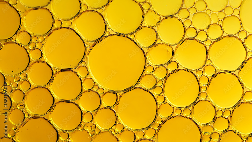 Poster close-up view of vibrant yellow oil droplets creating a mesmerizing abstract pattern. the scene high
