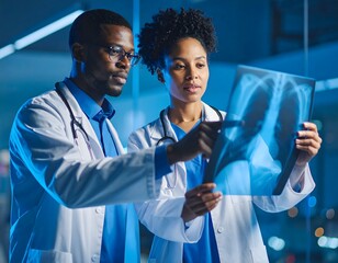 Two diverse doctors, a male and a female, standing side-by-side. Thoughtfully analyzing an X-ray image on a glowing blue light box.