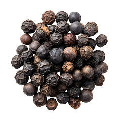 Obraz premium Close up macro shot of a pile of whole black peppercorns isolated on transparent background