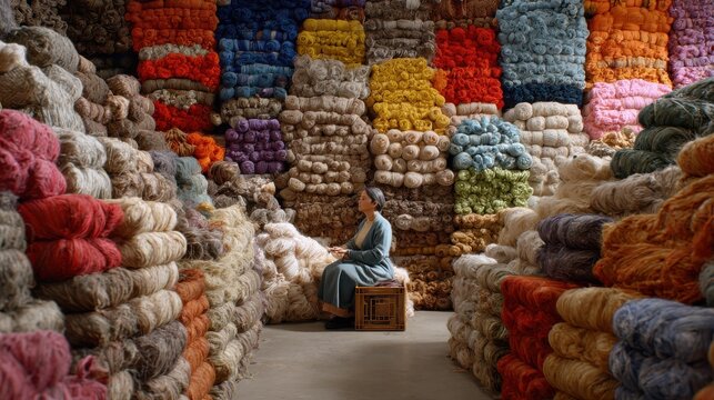 Woman Sorting Woolen Products in a Textile Warehouse Generative AI image