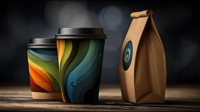 Brown Kraft Paper To-Go Food Packaging Mockup Set in the psychedelic style on a studio black Background