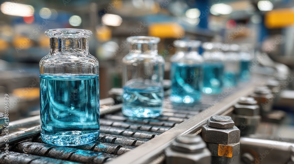 Poster clear glass bottles filled with a vibrant blue liquid are transported along a conveyor belt in a fac