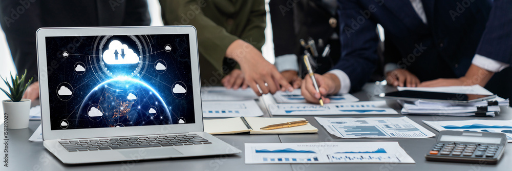 Poster panorama shot analyst team utilizing bi fintech to analyze financial report with laptop. businesspeo