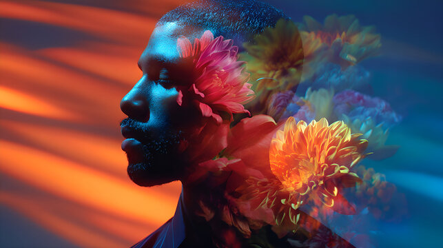 Serene man with blooming floral head in double exposure effect - Powered by Adobe