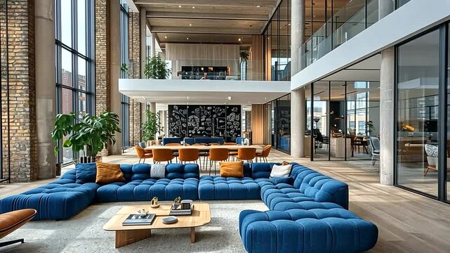 Elegant modern office lobby interior design featuring stylish furniture and decor elements