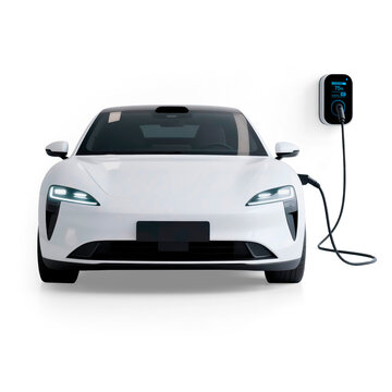 Isolated front view of a white electric vehicle connected to a wall charger, on a transparent background. Perfect for use in eco-friendly design projects, mobility innovation, and clean energy concept