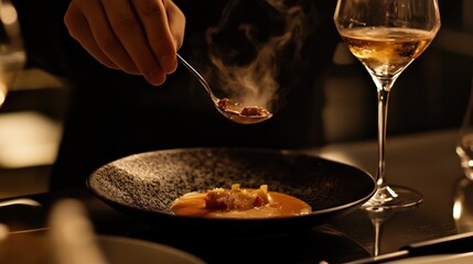 Exquisite dish being plated in a fine dining setting.