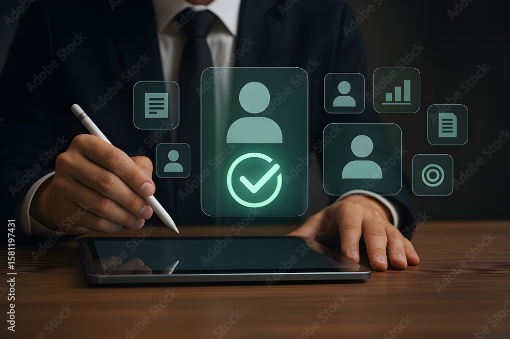 Poster digital recruitment verification interface showing stylus interaction with tablet by professional in