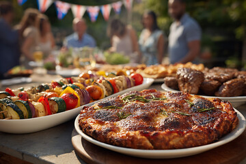 Joyful outdoor feast: A table overflowing with culinary delights. A group of people share laughter and camaraderie around a delectable array of foods.