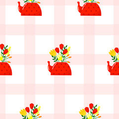 Seamless pattern of retro teapots with bouquets of flowers on a checkered background for National...