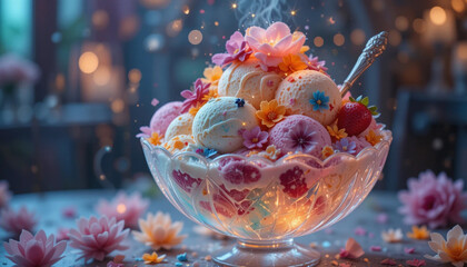 Fruit-flavored popcorn in glass bowl