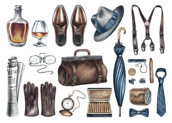 A set of men's accessories. Clip art of hand-drawn watercolor illustrations. Objects of men's fashion, habits, and lifestyle. For postcards, banners, Men's Day, Father's Day, bachelor parties and more