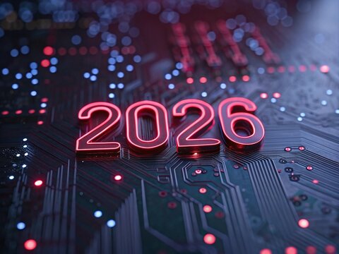 2026 New Year Technology Circuit Board Digital Future Tech Background