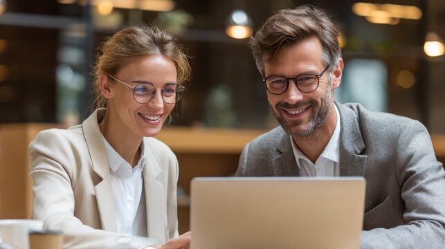 Two busy happy professional business man and woman executive leaders team using laptop working on computer at work desk having conversation on financial project at meeting in office