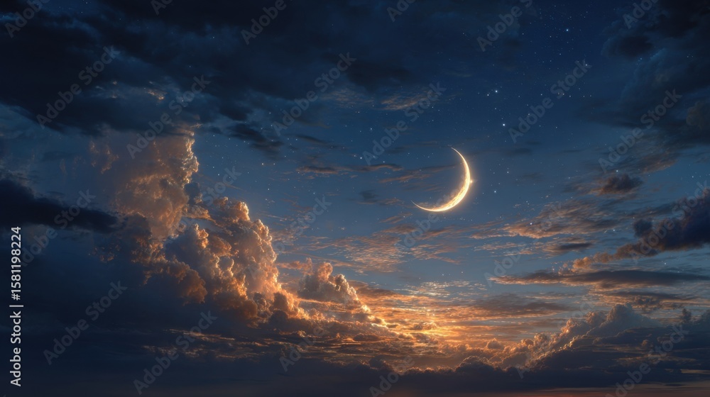 Poster a delicate crescent moon casts light on a tapestry of dynamic clouds during twilight. the scene is f