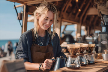 Young woman with blonde hair, wearing brown apron, is brewing coffee at a rustic outdoor cafe, surrounded by brewing equipment and a sunny beach atmosphere