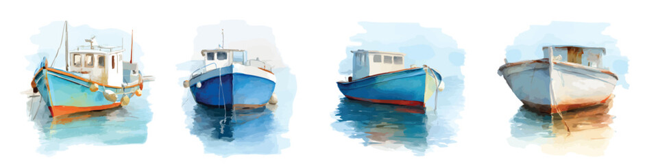 Naklejka premium Set of watercolor ship boats on calm water reflection isolated on transparent background