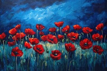 Obraz premium Red poppies in a vibrant blue field