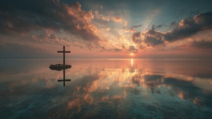 Naklejka premium A scenic view captures the serene moment of sunrise casting vibrant colors over calm waters. A simple cross stands on a small rocky island, mirroring the beautiful sky.