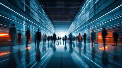 Dynamic Time-Lapse Motion Blur of Business People Walking in Modern Corporate Lobby with Light Beams and Urban Energy Atmosphere