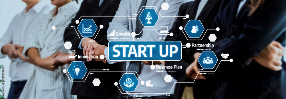 Poster a vibrant image showcasing a startup team working together in a modern environment, emphasizing inno