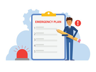 Emergency action plan, man holding pencil standing next to siren and paper with list of action plans.