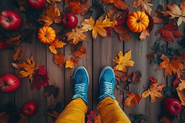 Autumnal perspective on a wooden deck. Fallen leaves, pumpkins, and apples surround blue sneakers on mustard-yellow pants